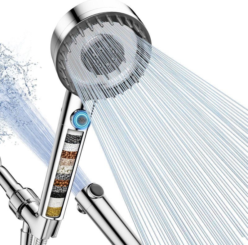 PWERAN Filtered Shower Head with Handheld, High Pressure 4 Spray Mode Showerhead with Filters, Water Softener Beads for Hard Water with ON/OFF Switch for Pets - Remove Chlorine (Chrome, 5 Inch Panel) - Image 1